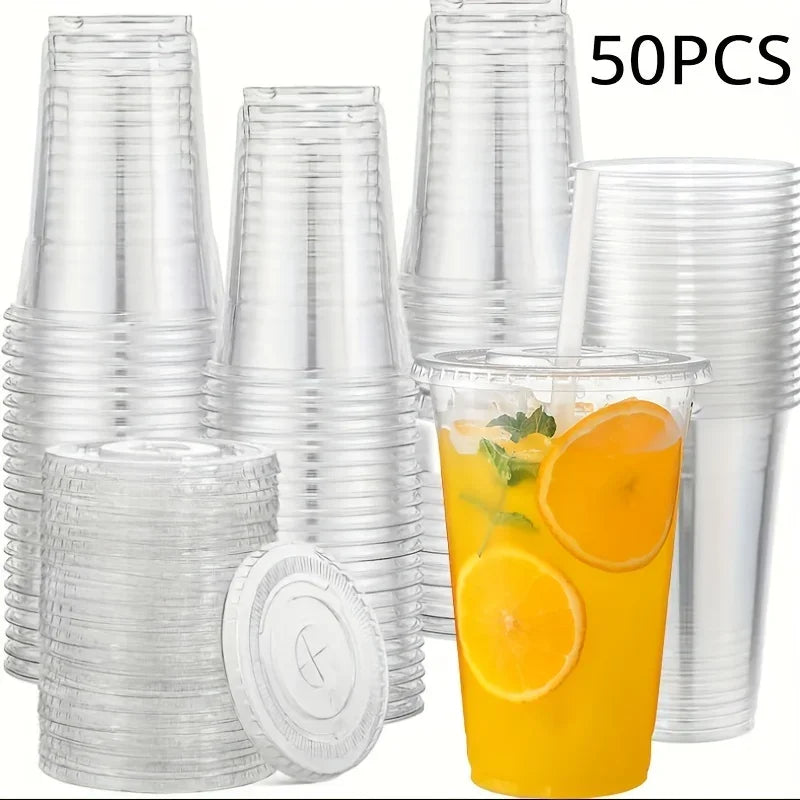 50Pcs/Set 12/16OZ Clear Disposable Plastic Cups With Lids For Iced Coffee Smoothie Milkshake Cold Drinks Birthday Party Supplies