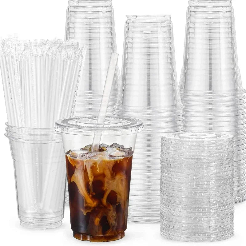 12/16oz Clear Plastic Cups with Lids Disposable, Leak Proof, Non-Slip, Break Resistant for Cold Drinks, Smoothies, Milkshakes