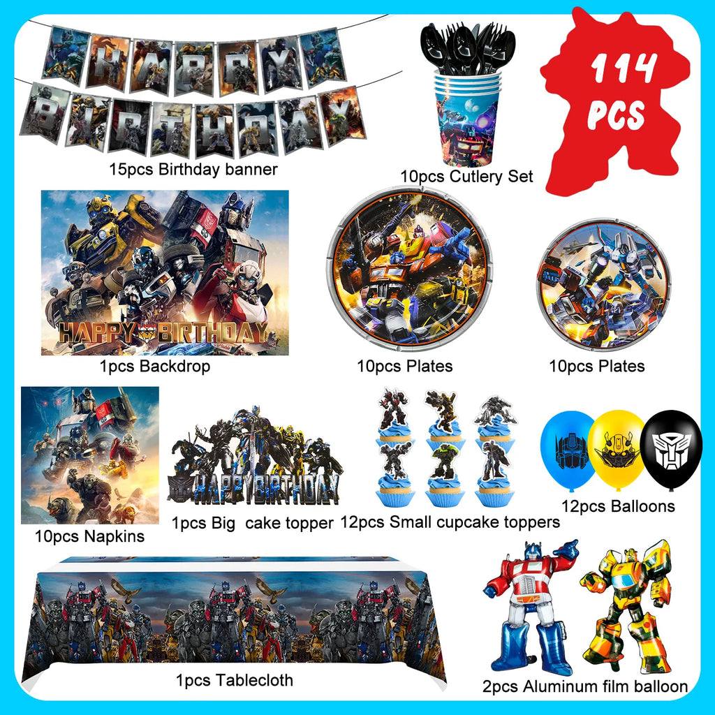 Transformers Birthday Party Supplies,114pcs Transformers Birthday Party Tableware-Transformers Plates Tablecloths Banners etc