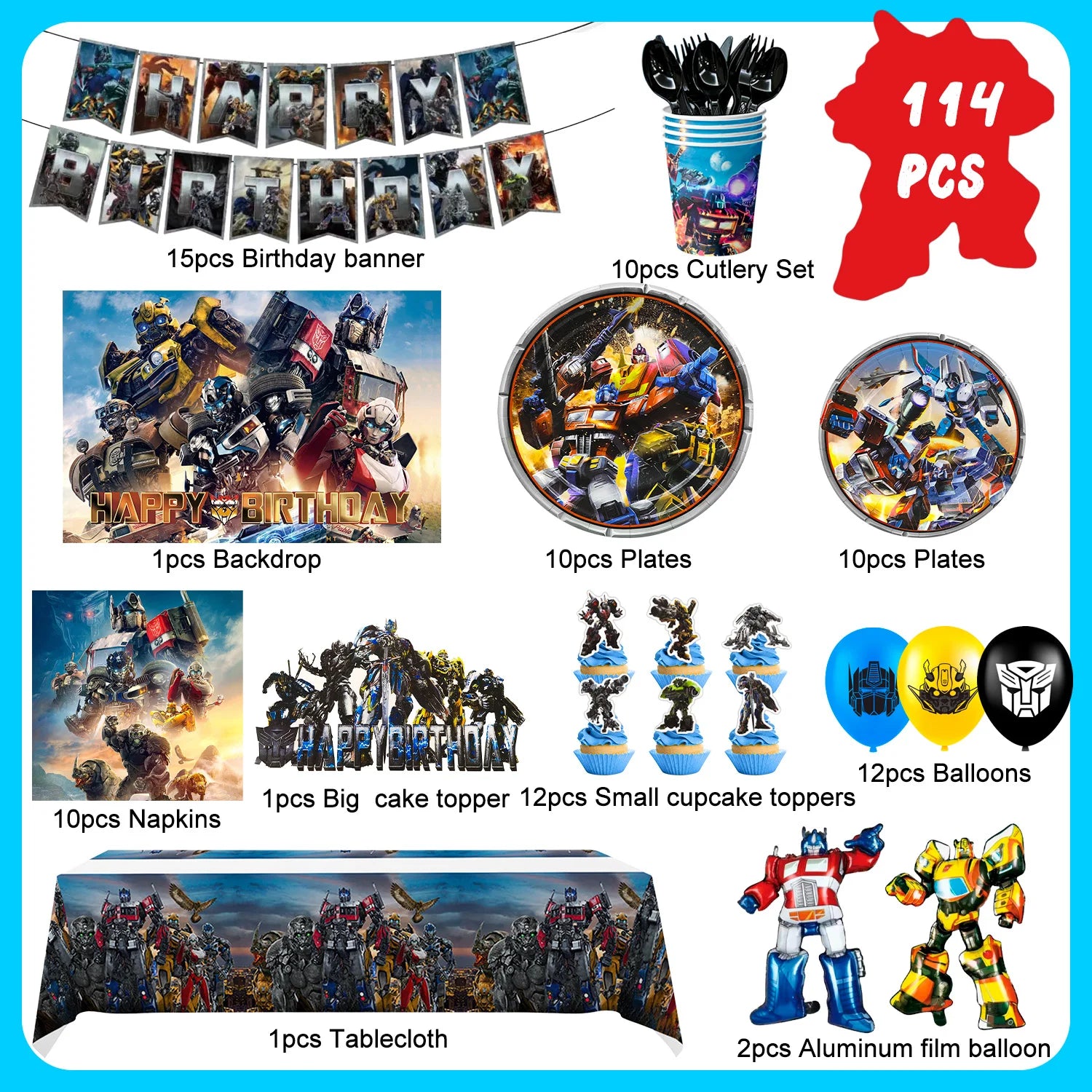 Transformers Birthday Party Supplies,114pcs Transformers Birthday Party Tableware-Transformers Plates Tablecloths Banners etc