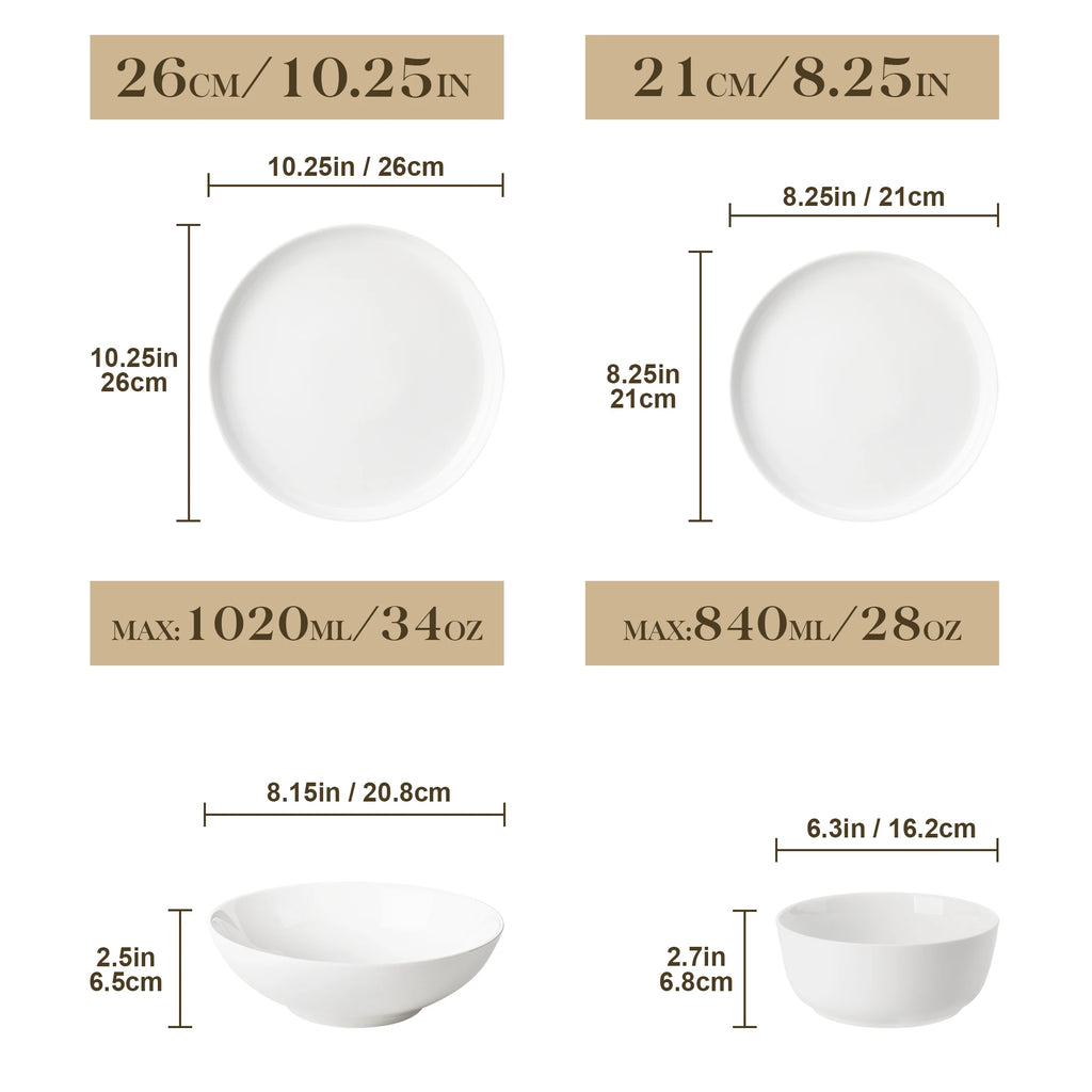 MALACASA 12/16/18/24 PCS Porcelain Plates Dinnerware Sets Ceramic Plates Set with 4/6 PCS Dinner Plate/Dessert/Cereal Bowl/Soup
