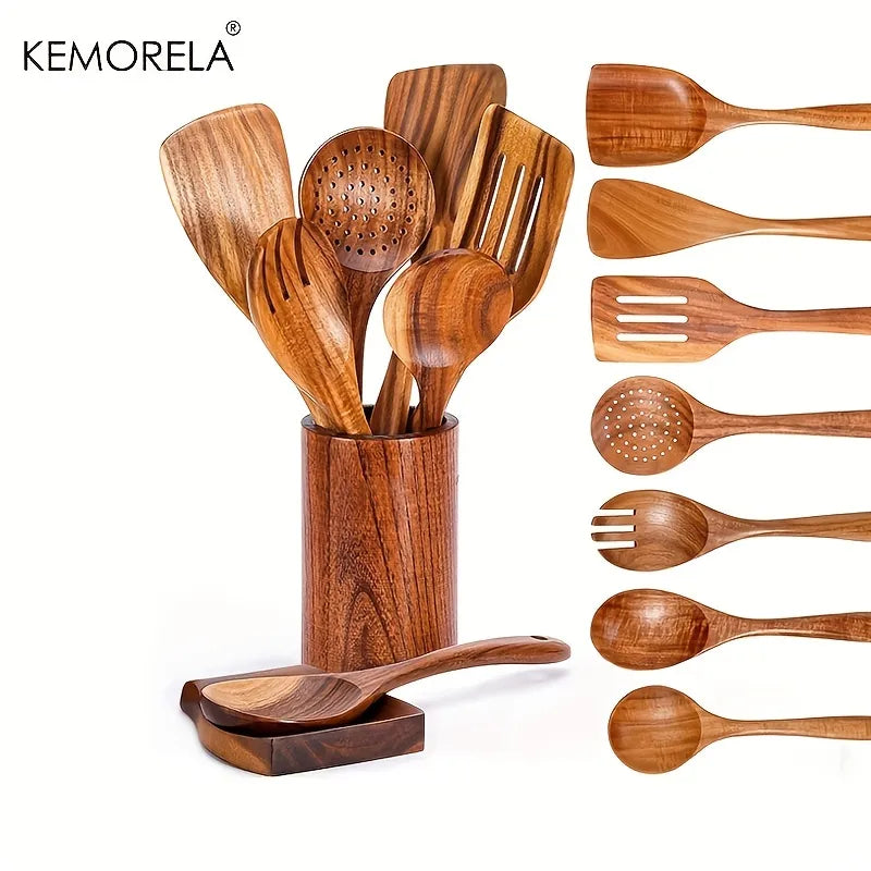 DecorBites 9-Piece Teak Wooden Cooking Utensils Set with Holder