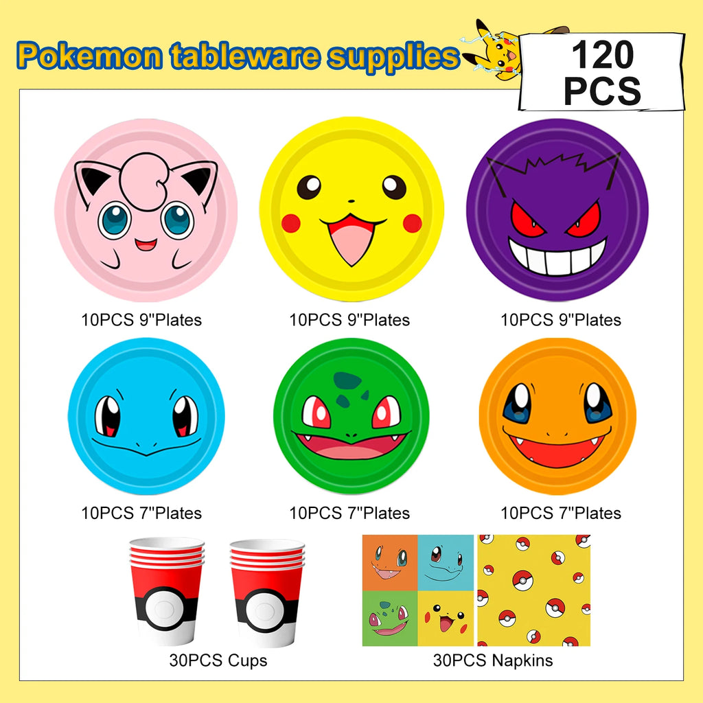 Pokemon Party Supplies,120 Pcs Pokemon Birthday Party Tableware Set-Pokemon Plates Napkins Cups etc Pokemon Birthday Decorations