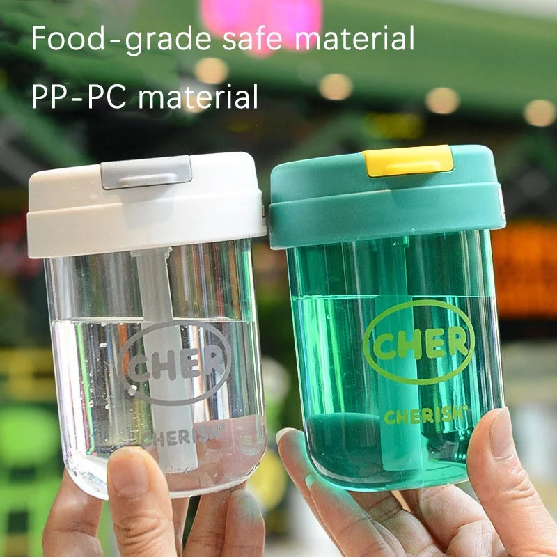 Summer Plastic Water Cup Practical and Compact for Students and White-collar Workers Double-drinking Water Cup with Straw