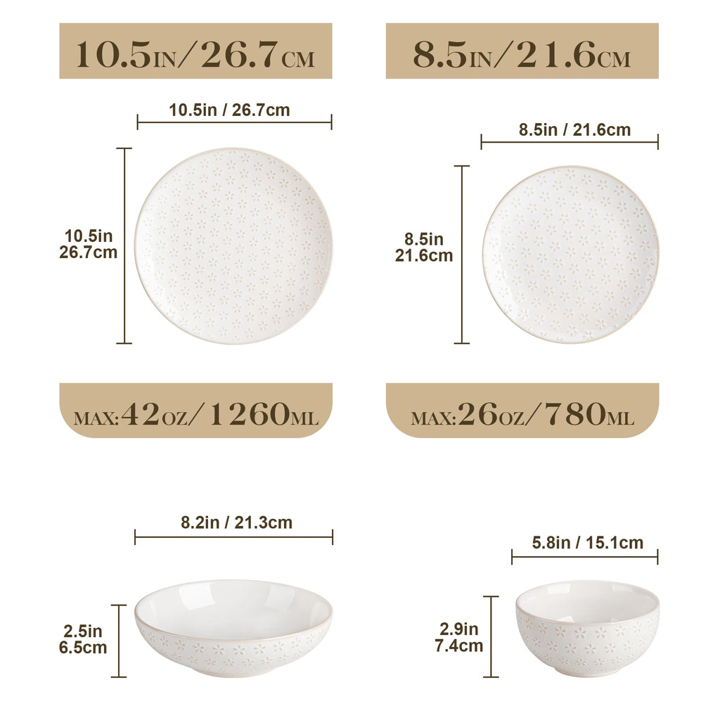 MALACASA LYDIA 16/32 Piece Stoneware Plates Dinner Set White Embossment Dinnerware Set with 6pcs Dinner plate/Dessert/Bowl/Soup