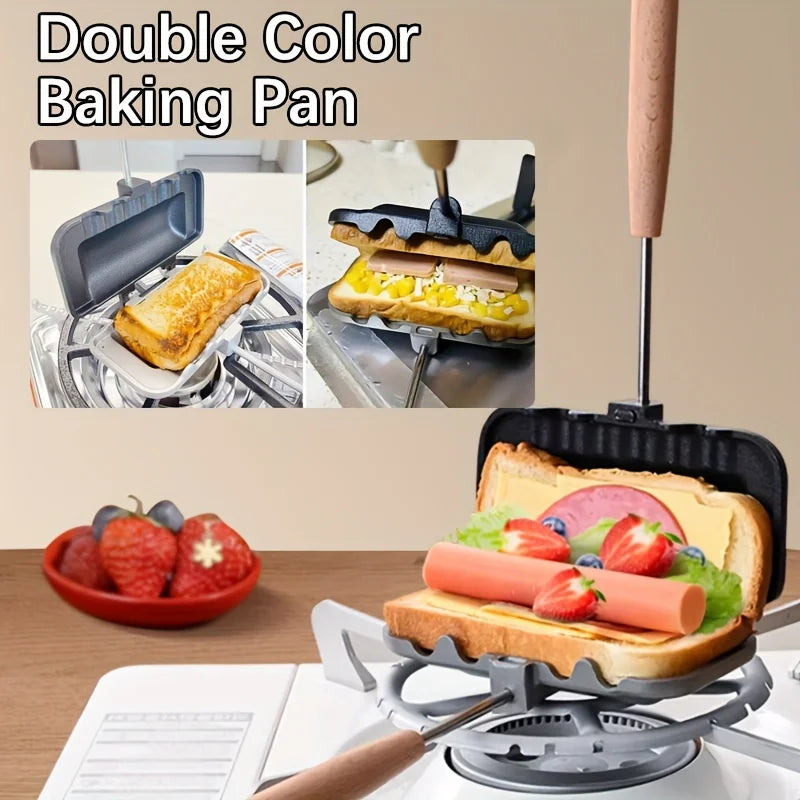 長方形両面サンドイッチ焼き器、ツートンカラー、アルミ合金、焦げ付き防止、ガスコンロ用トースター、キッチン調理器具