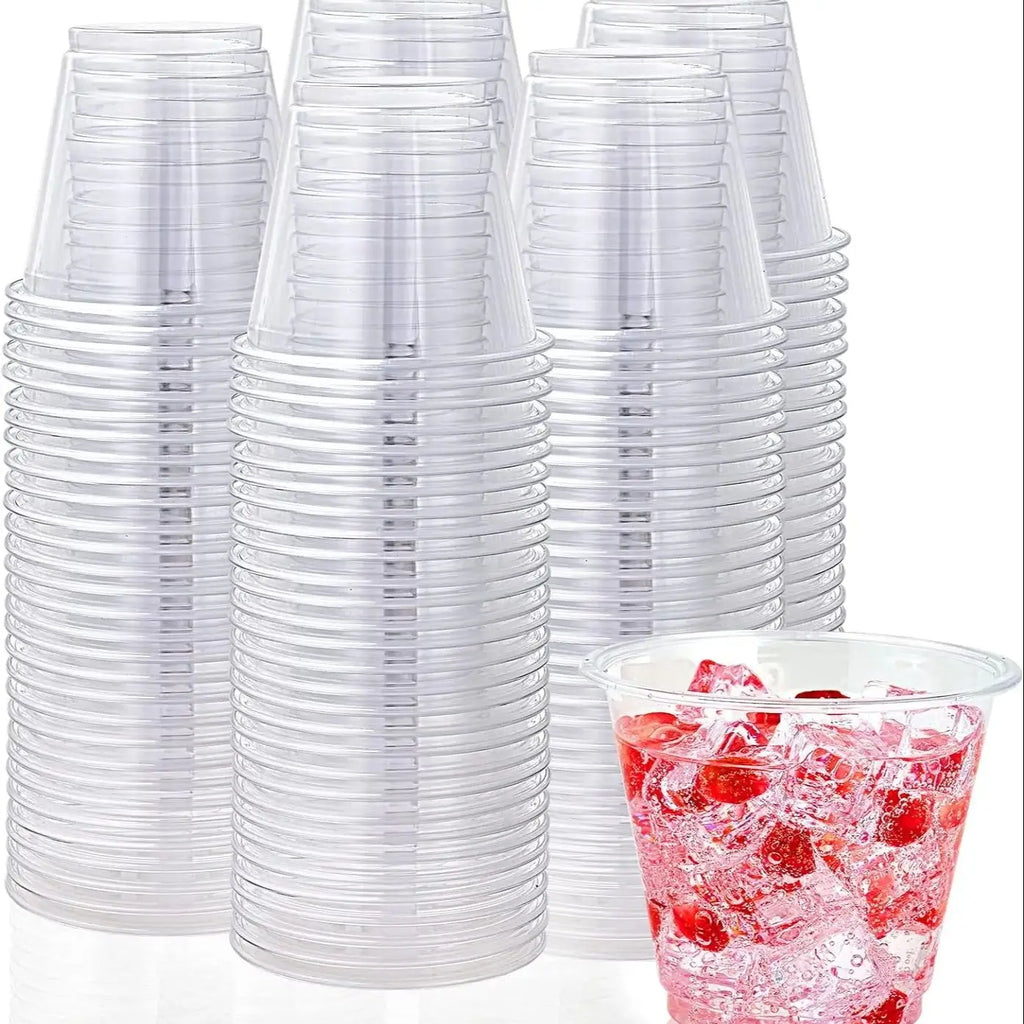 100 Pack 9 oz Clear Plastic Cups, 9 Ounce Disposable Plastic Drinking Cups, Crystal Clear PET Plastic Cups for Parties, Wedding