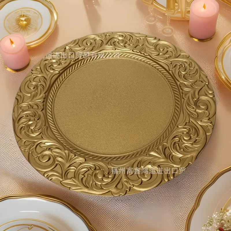 100 Pcs 13in Antique Charger Plates Bulk Plastic Decorative Service Plate with Embossed Rim for Dinner Wedding Party Event Table