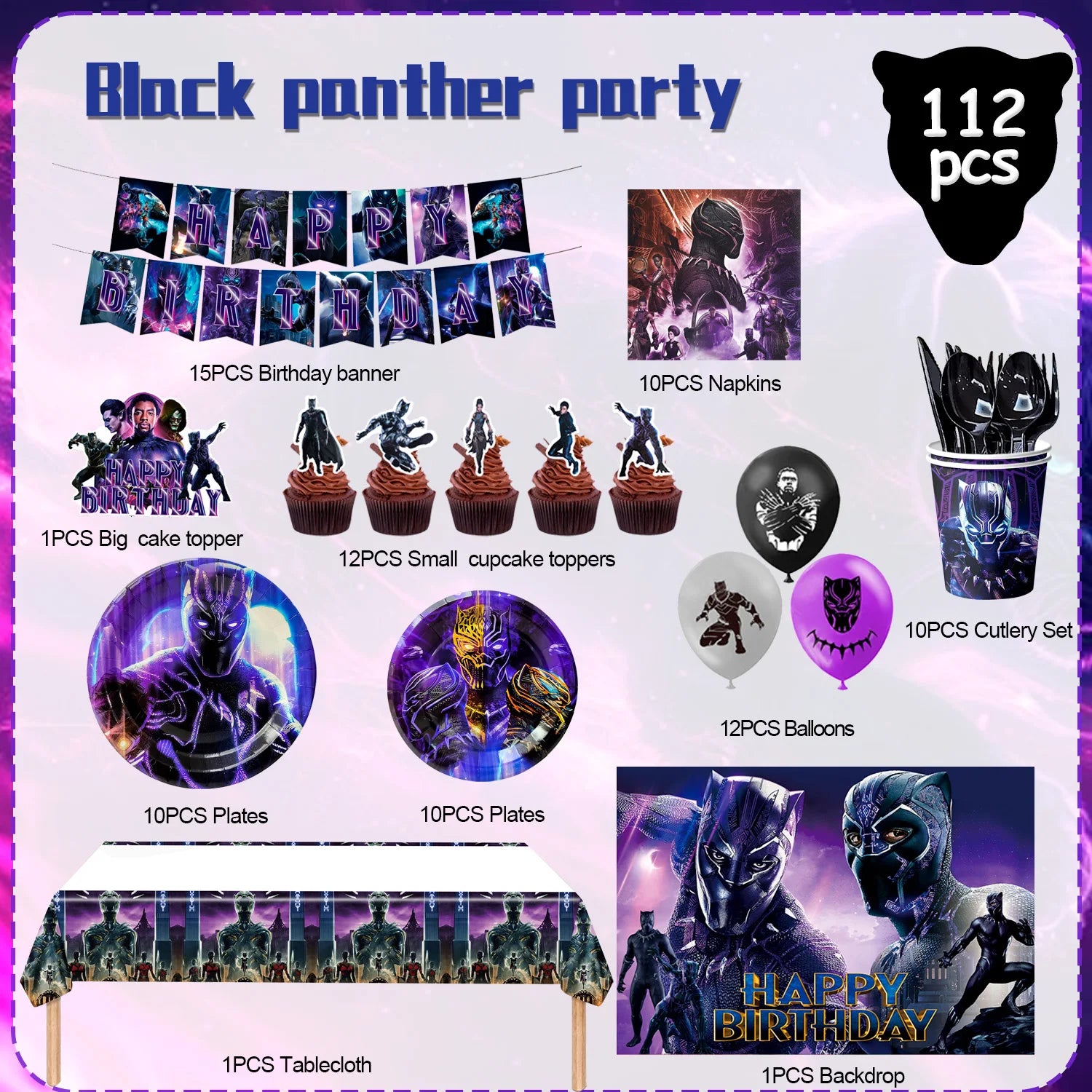 Black Panther Birthday Party Decorations,112 Pcs Black Panther Party Supplies&Tableware-Black Panther Balloons Banner Plates etc