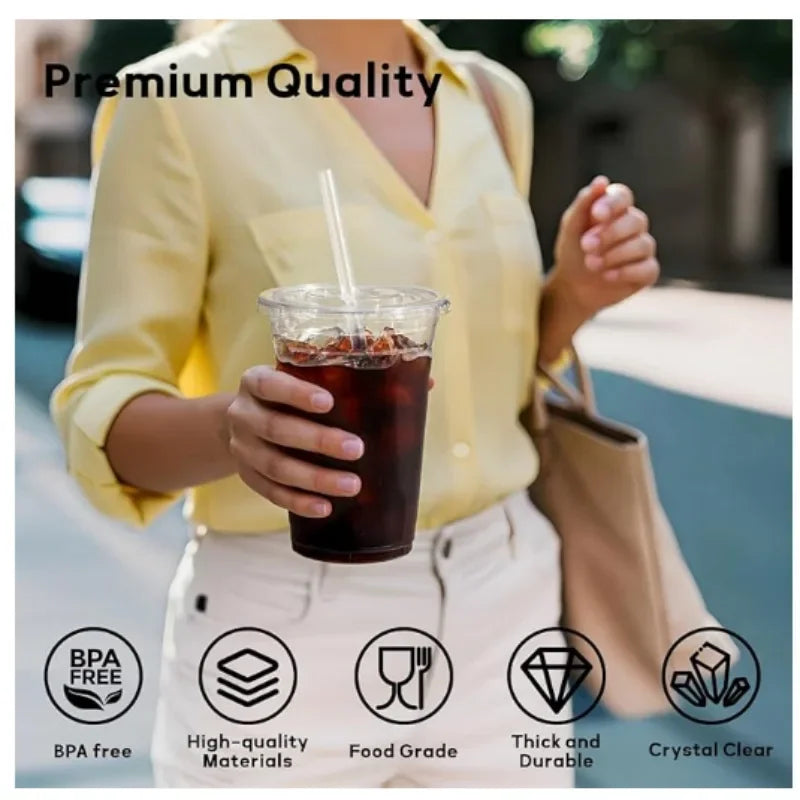 12/16oz Clear Plastic Cups with Lids Disposable, Leak Proof, Non-Slip, Break Resistant for Cold Drinks, Smoothies, Milkshakes