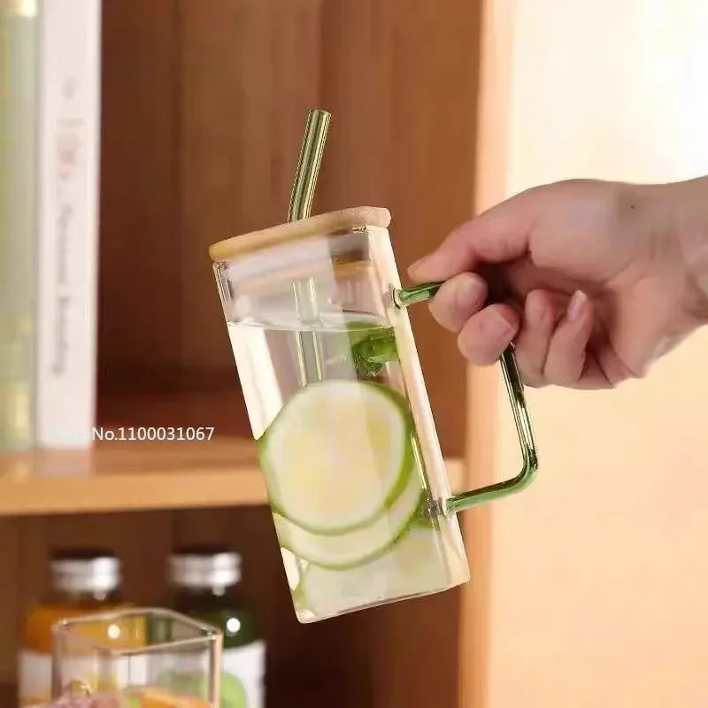 DecorBites 350ml Square Mug with Lid & Straw – Colored Handle Glass