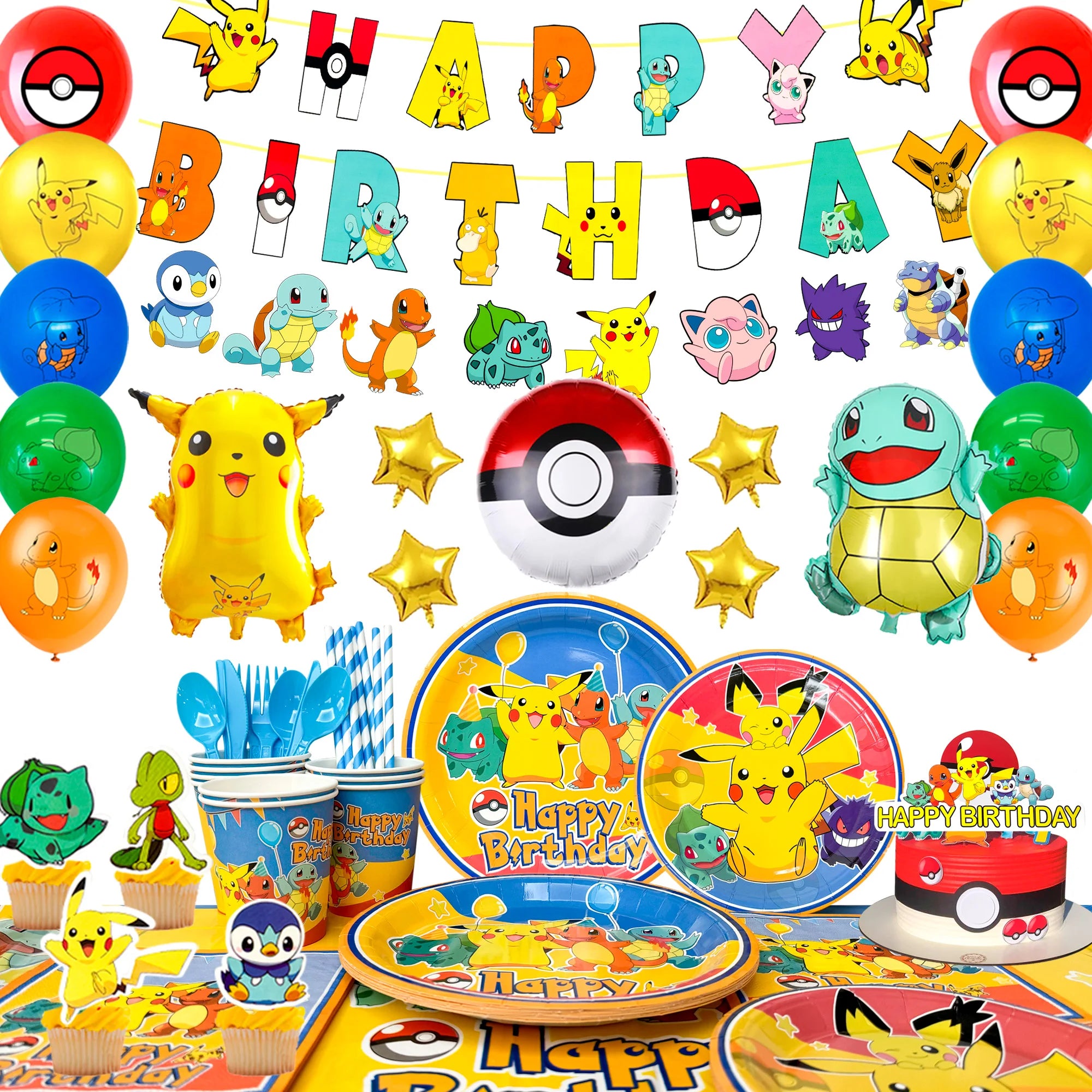 Pikachu Party Decorations,136pcs Pokemon Birthday Party Supplies-Banner Balloons Plates Napkins etc Pokemon Birthday Decorations