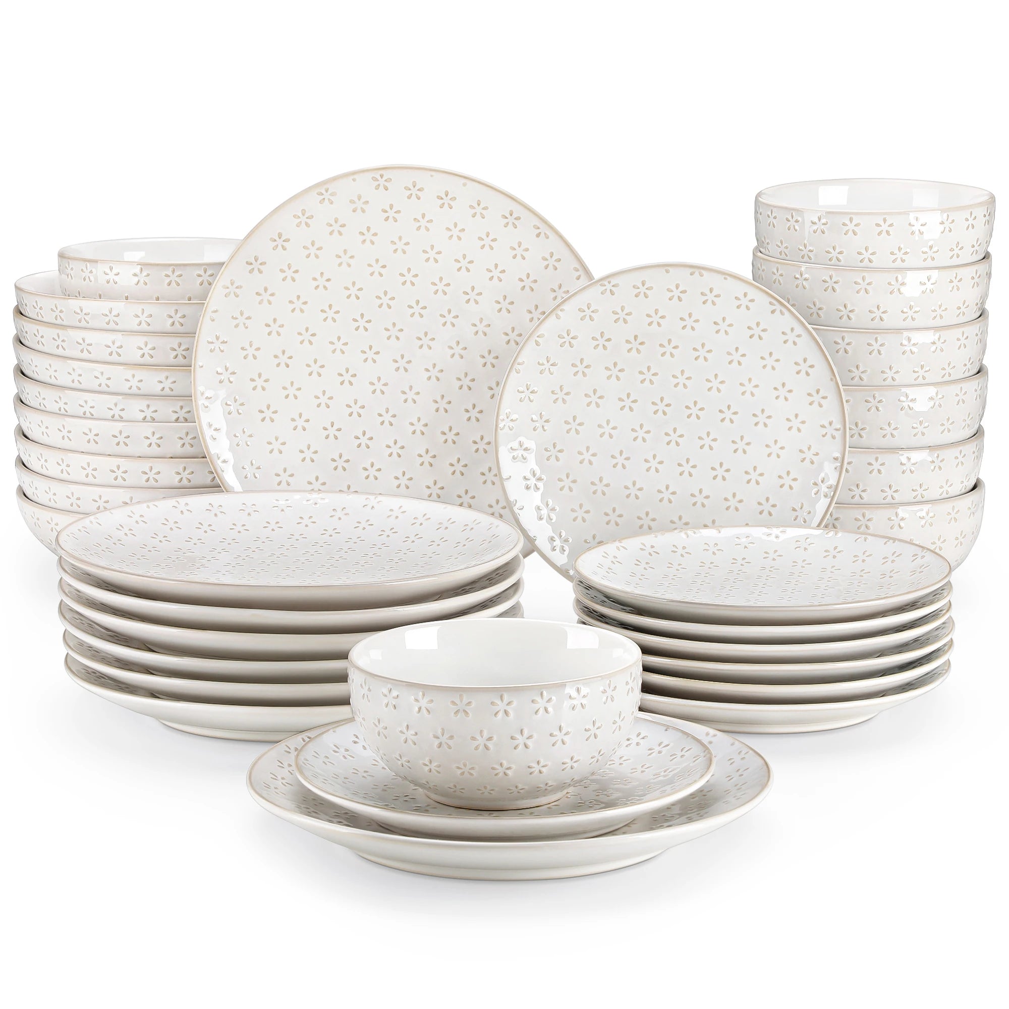 MALACASA LYDIA 16/32-teiliges Steingut-Tellerservice Weiß Prägung Geschirrset mit 6 Speisetellern/Desserttellern/Schalen/Suppentellern