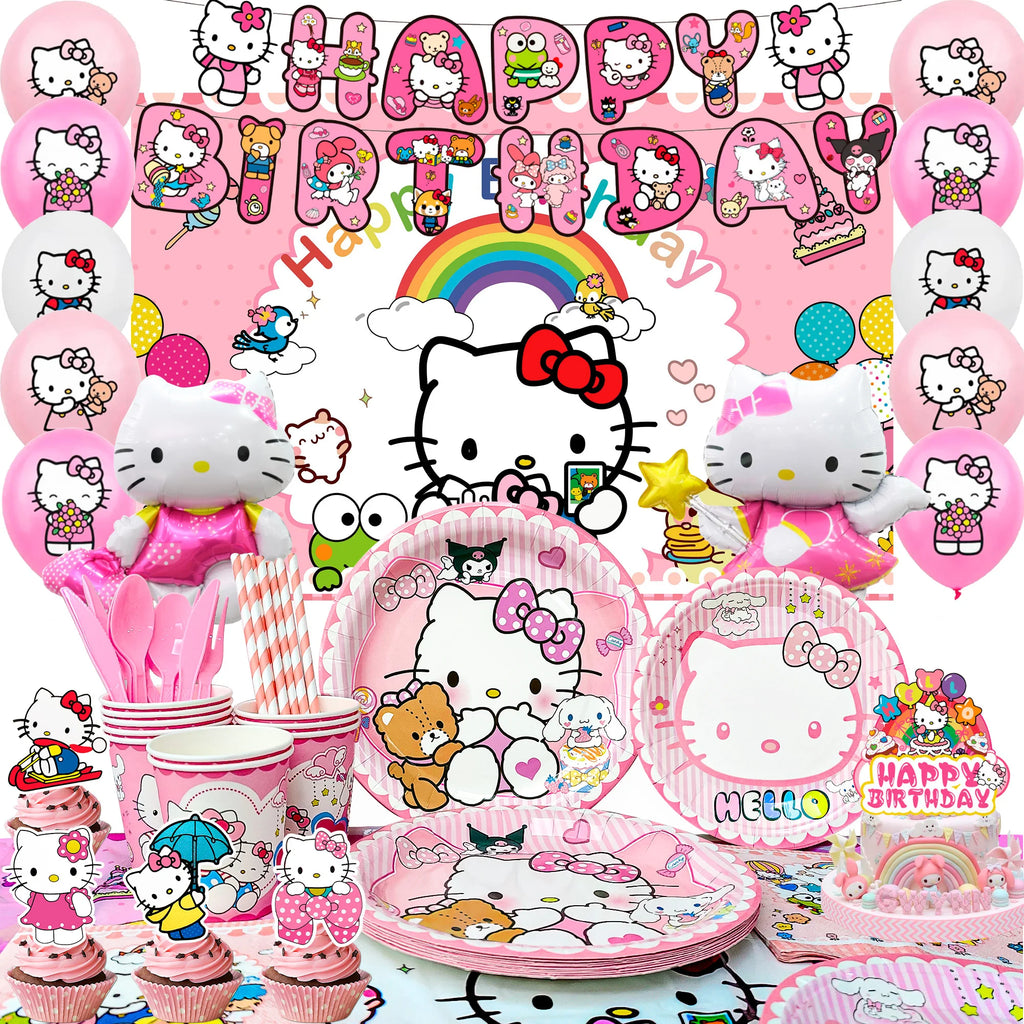124 Pcs Sanrio Hello Kitty Party Decorations&Tableware-Kitty Plates Backdrop Balloon Banner etc Hello Kitty Birthday Decorations