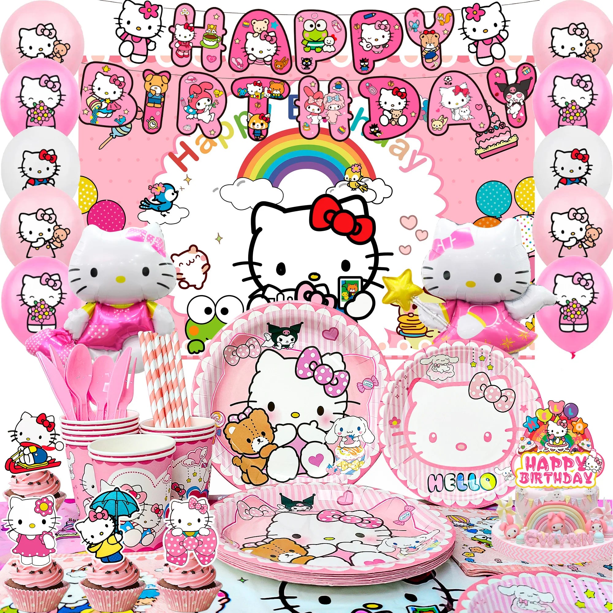 124 Pcs Sanrio Hello Kitty Party Decorations&Tableware-Kitty Plates Backdrop Balloon Banner etc Hello Kitty Birthday Decorations