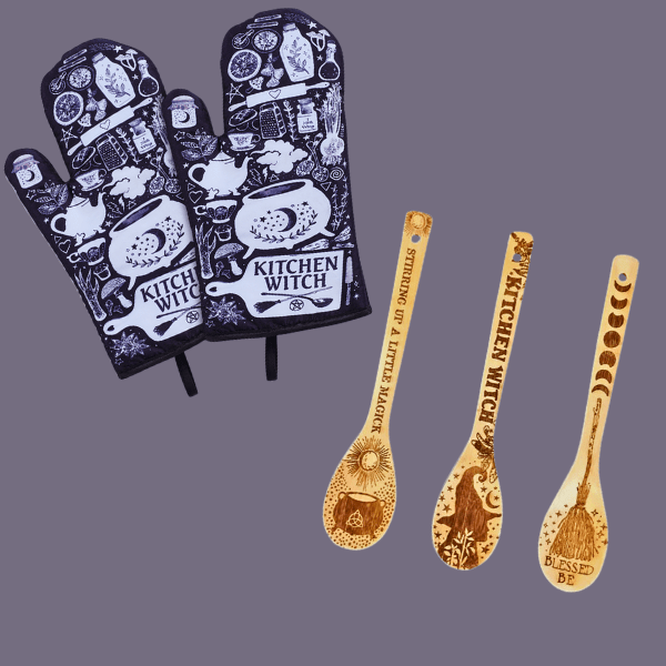 Kitchen Witch Oven Mitt Set – Heat Resistant Baking Gloves