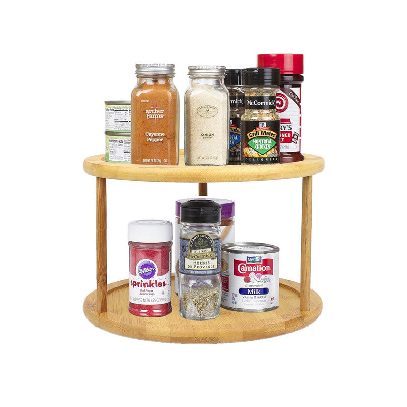 2-Tier Round Bamboo Turntable Spice Rack Cabinet Organizer