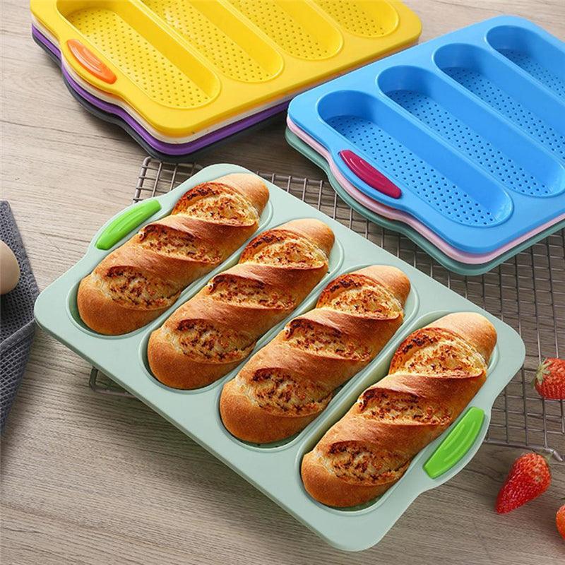 ベーキングモールド 食品グレード 4グリッド バゲット シリコンモールドトレー 火傷防止 ノンスティックパン ケーキ型 キッチンツール アクセサリー パン焼き型 ローフ焼き型 マフィンパン キッチンベーキングツール