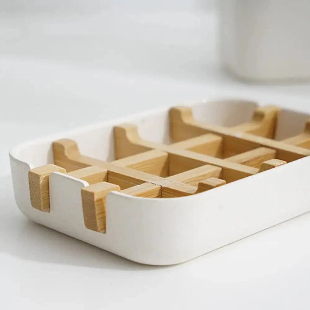 竹繊維シャワーソープホルダー水切りボックス キッチン収納ラック バスルームソープケース用品 ポータブルバーソープボックスコンテナ 竹製自己排水ソープボックスとソープセーバーポーチ シャワー バスルーム キッチン バスタブ バーシンク用ソープホルダー（白黒）