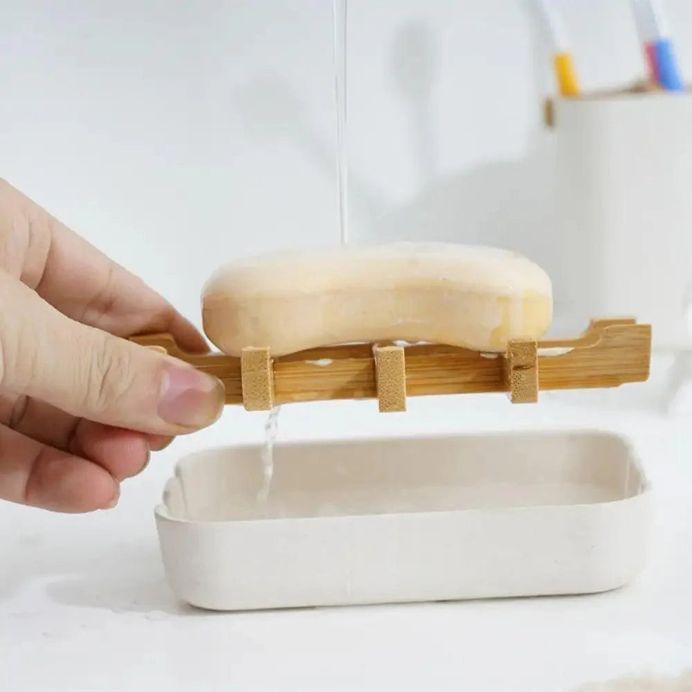 Bamboo Self-Draining Soap Holder & Soap Saver Pouch