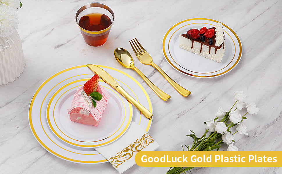 700 Piece Gold Dinnerware Set for 100 Guests, Disposable for Party, Include: 100 Gold Rim Dinner Plates, 100 Dessert Pl
