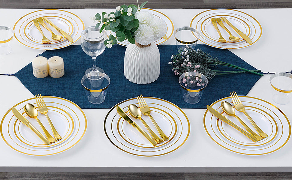 700 Piece Gold Dinnerware Set for 100 Guests, Disposable for Party, Include: 100 Gold Rim Dinner Plates, 100 Dessert Pl