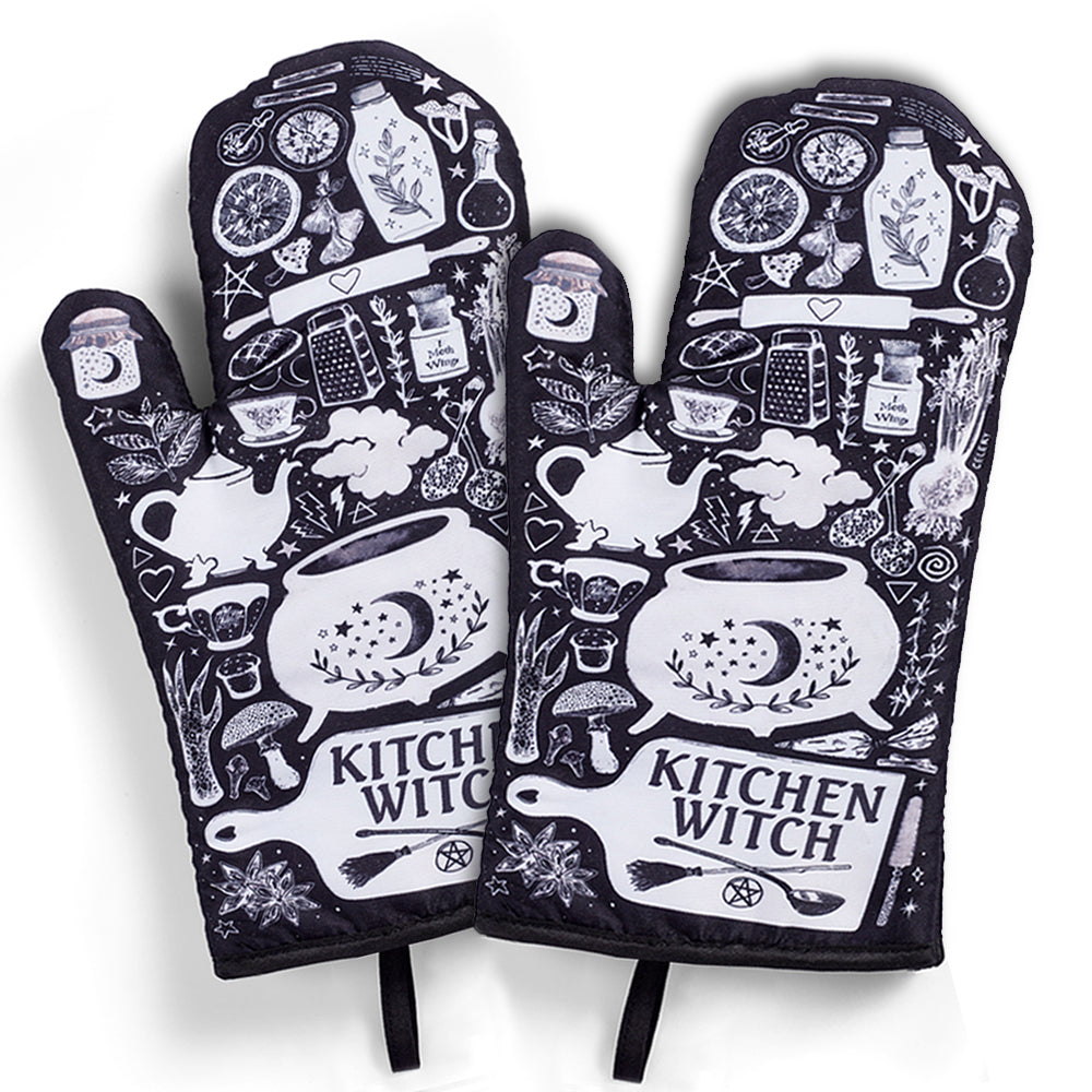 Kitchen Witch Oven Mitt Set – Heat Resistant Baking Gloves