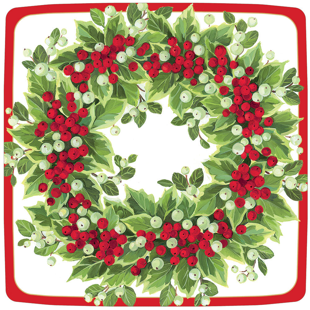 Holly & Berry Wreath Paper Dinner Plates – Holiday Disposable