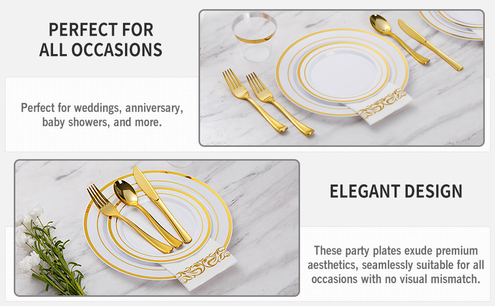 700 Piece Gold Dinnerware Set for 100 Guests, Disposable for Party, Include: 100 Gold Rim Dinner Plates, 100 Dessert Pl