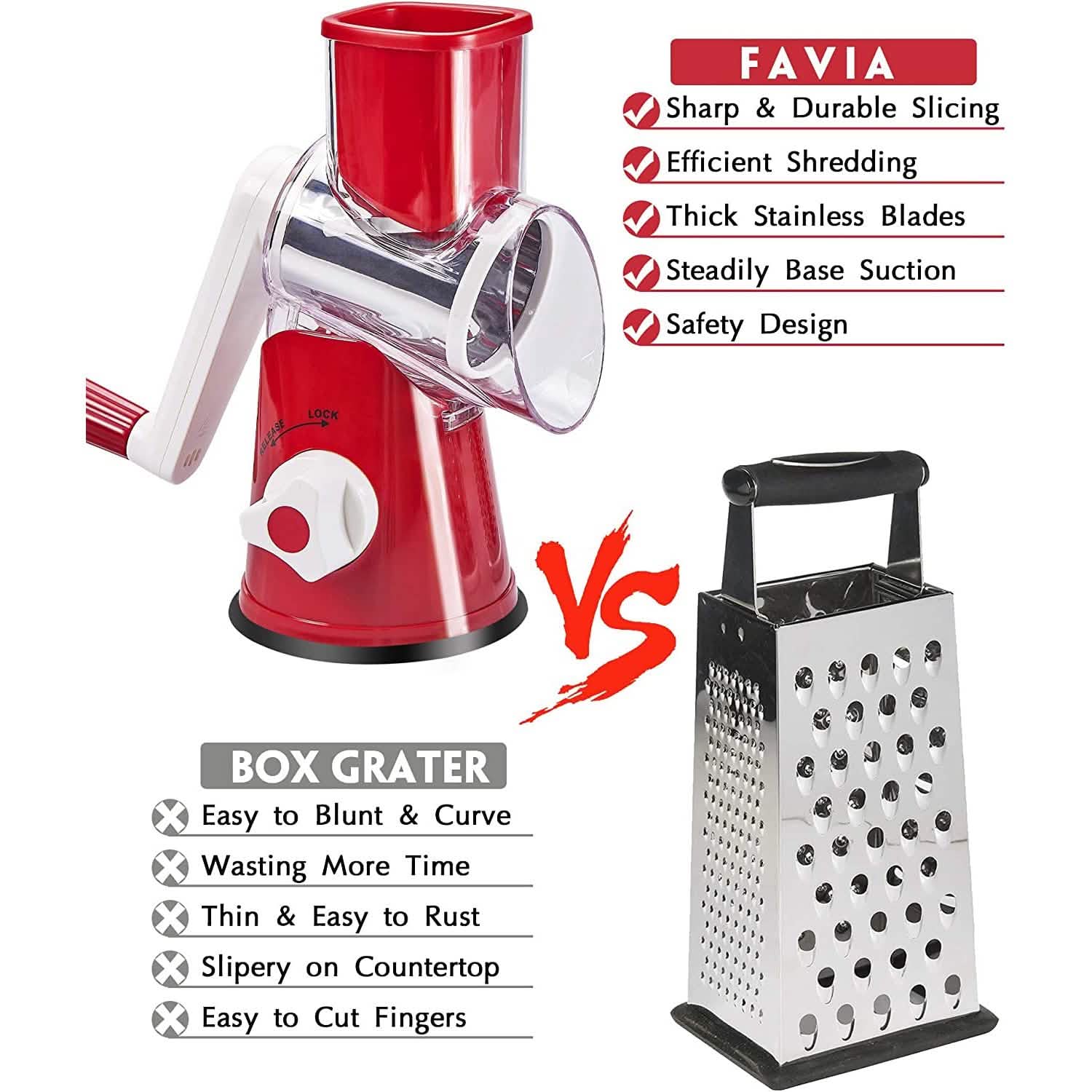 FAVIA ロータリーチーズおろし器 ハンドル付き - 3つのステンレススチール製ドラムブレード付きフードシュレッダー