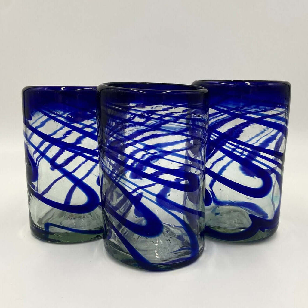 Hand-Blown Mexican Drinking Glass – Blue Swirl Design
