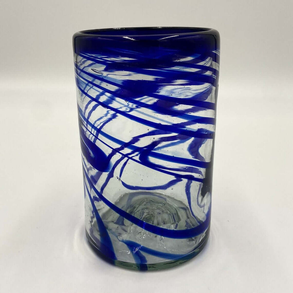 Hand-Blown Mexican Drinking Glass – Blue Swirl Design