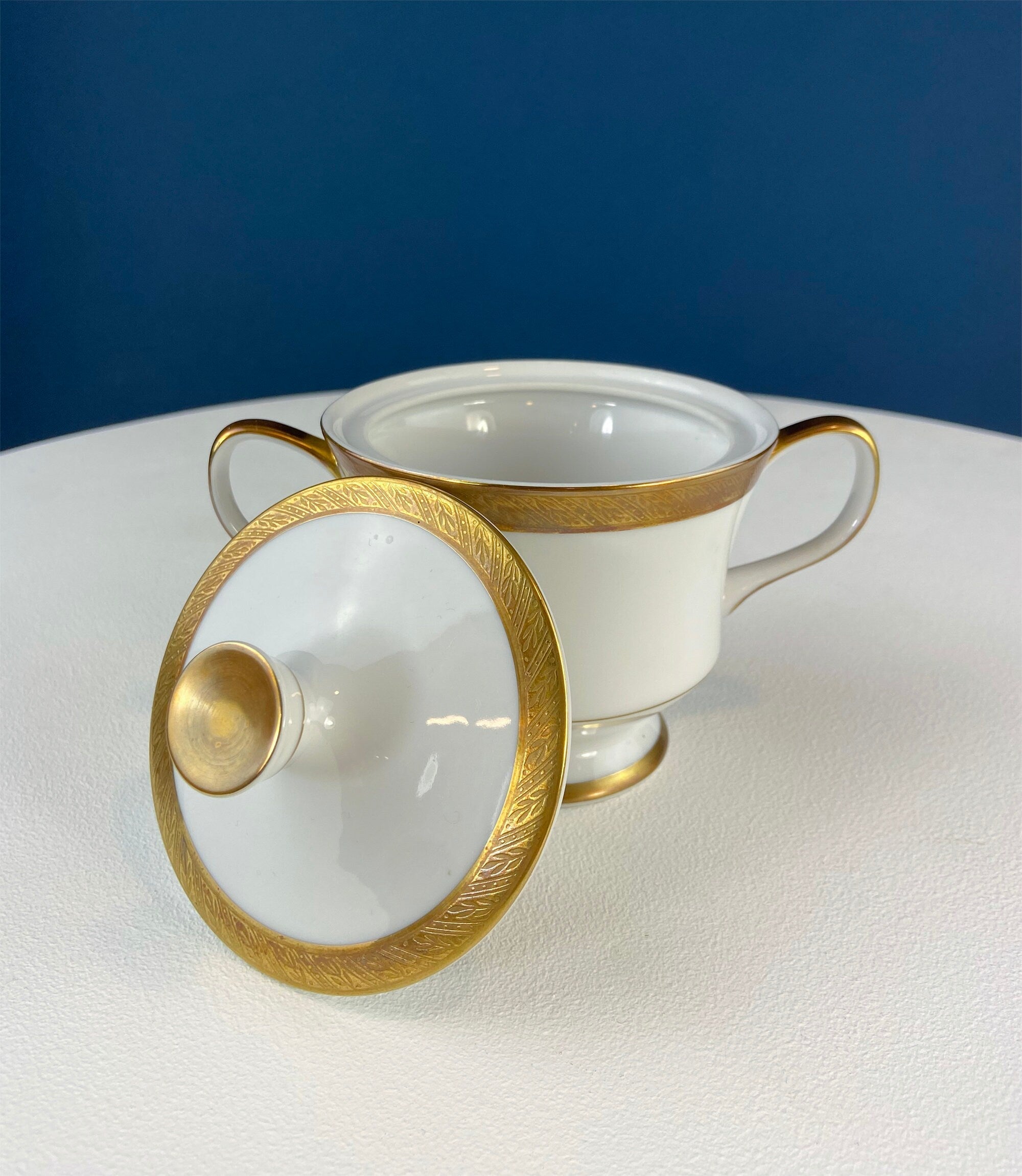 White & Gold Dish Set. Wedding Band China. Sango Spun Gold. Dinner, Salad or Dessert, Soup Plates, Sugar Bowl, Serving Dishes.