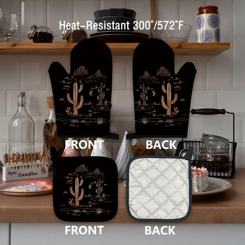 Qeheb Blue Western Cactus Oven Mitts & Pot Holders Set