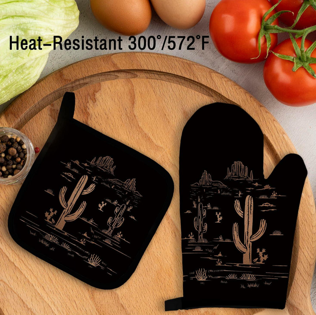 Qeheb Blue Western Cactus Oven Mitts & Pot Holders Set