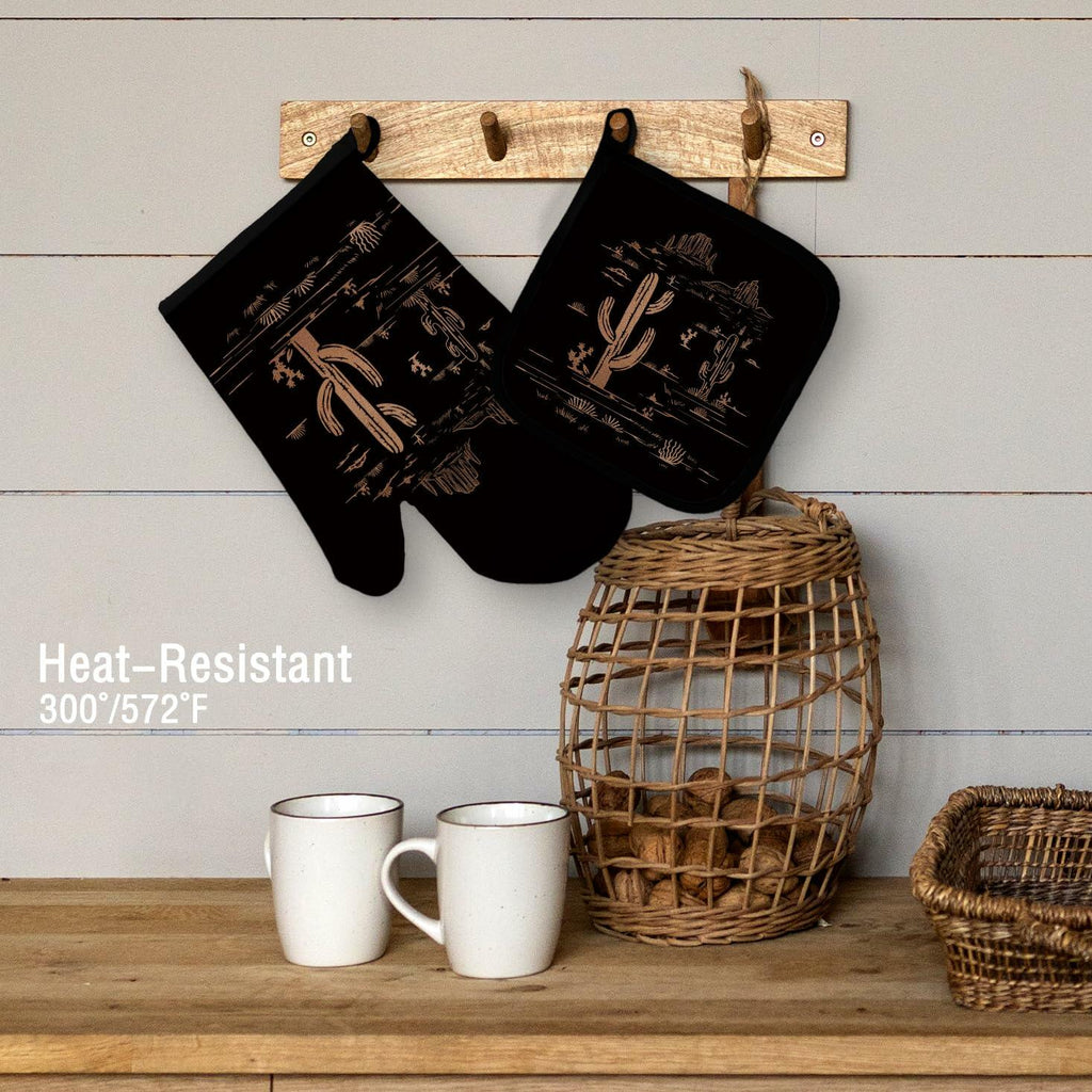 Qeheb Blue Western Cactus Oven Mitts & Pot Holders Set