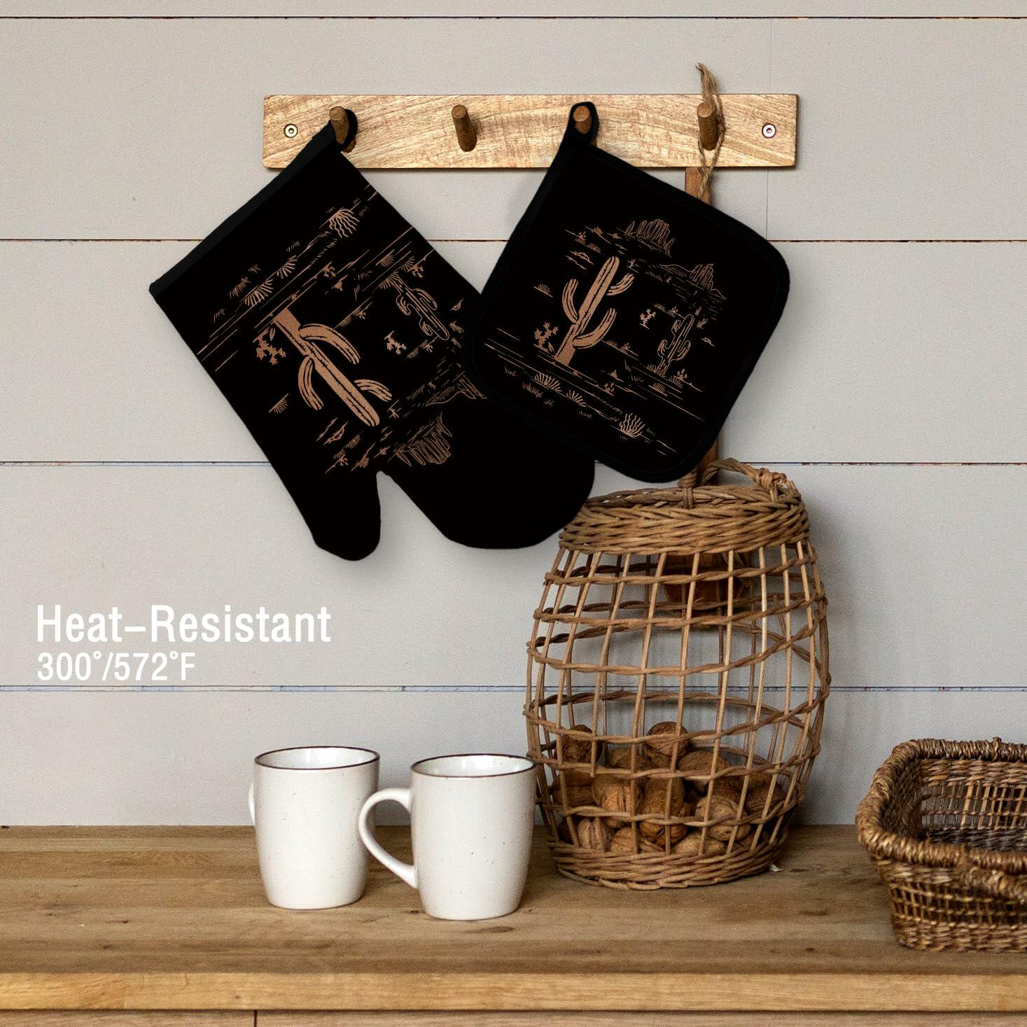 Qeheb Blue Western Cactus Oven Mitts & Pot Holders Set
