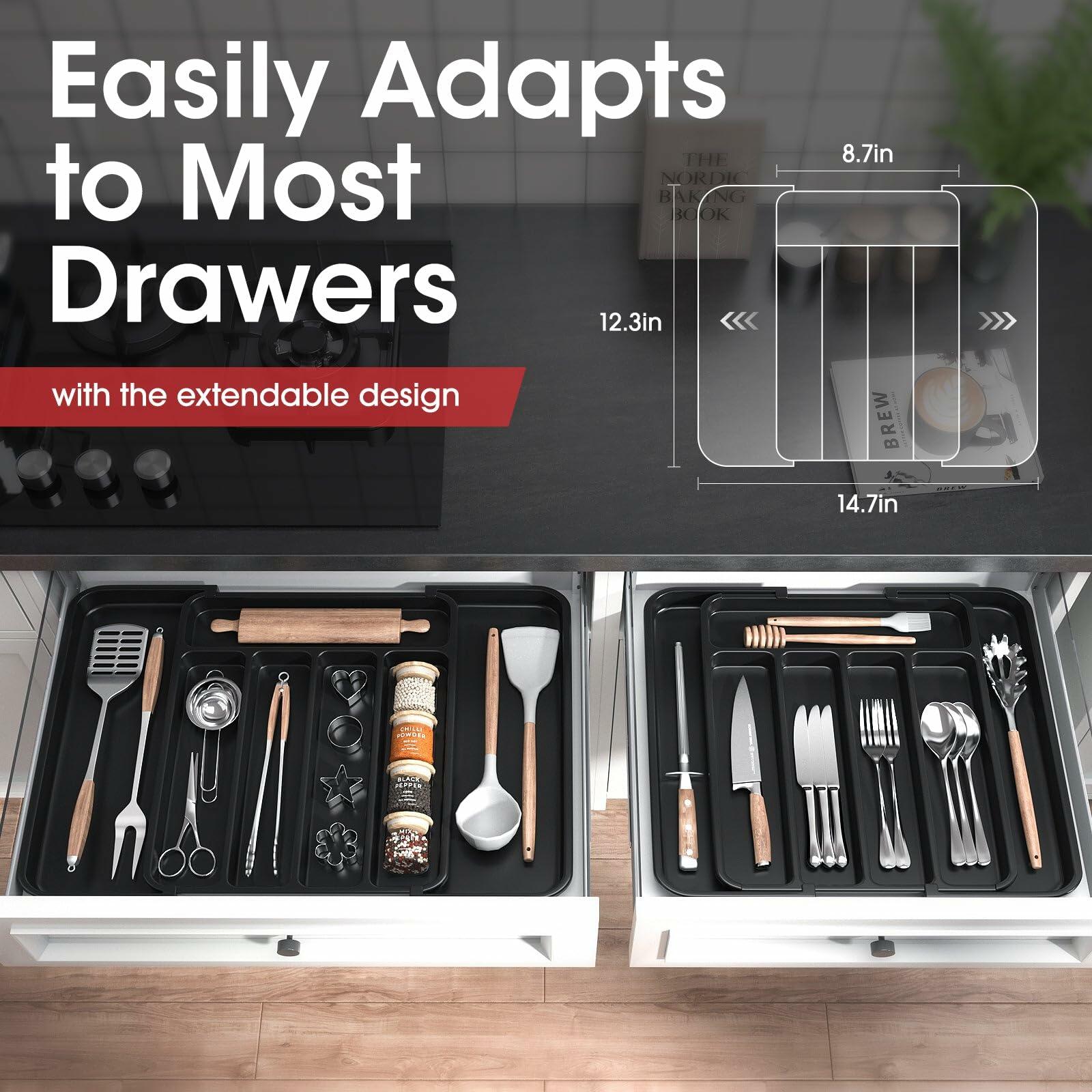 Aujen Expandable Silverware Organizer Kitchen Drawer Tray Black Medium