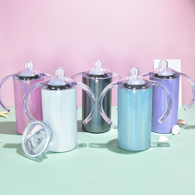 昇華用 12オンス 無地 白、ピンク、青、紫、シルバーグリッター ホログラフィック ステンレス製 取っ手付きベビーマグ
