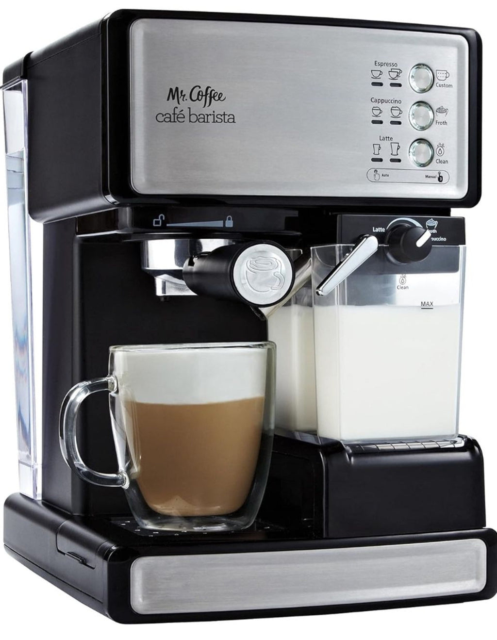 Mr. Coffeeエスプレッソ＆カプチーノマシン、ステンレス製、プログラム可能コーヒーメーカー、自動ミルク泡立て器付き、15気圧ポンプ、家庭用に最適、中古品