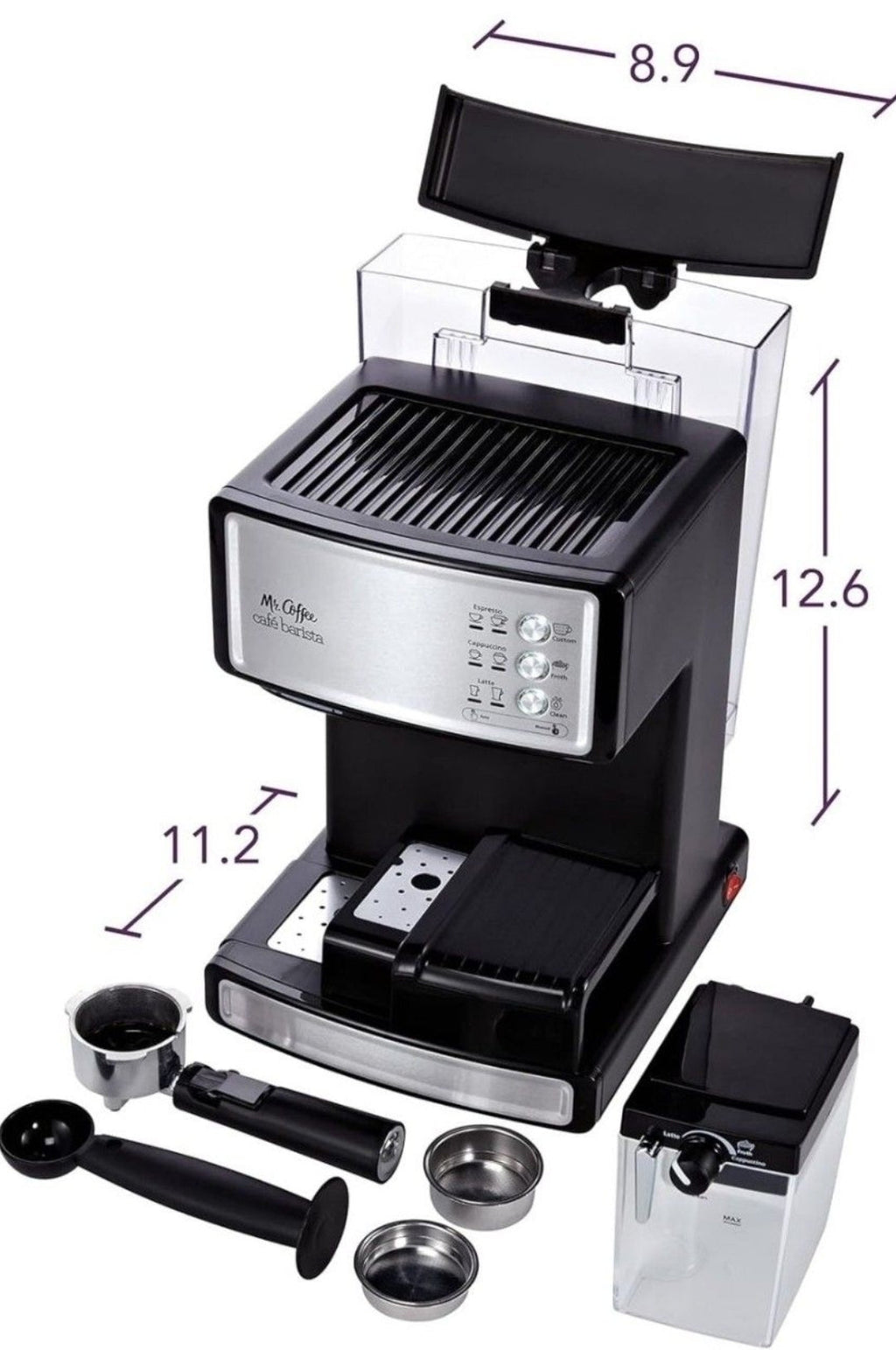 Mr. Coffeeエスプレッソ＆カプチーノマシン、ステンレス製、プログラム可能コーヒーメーカー、自動ミルク泡立て器付き、15気圧ポンプ、家庭用に最適、中古品