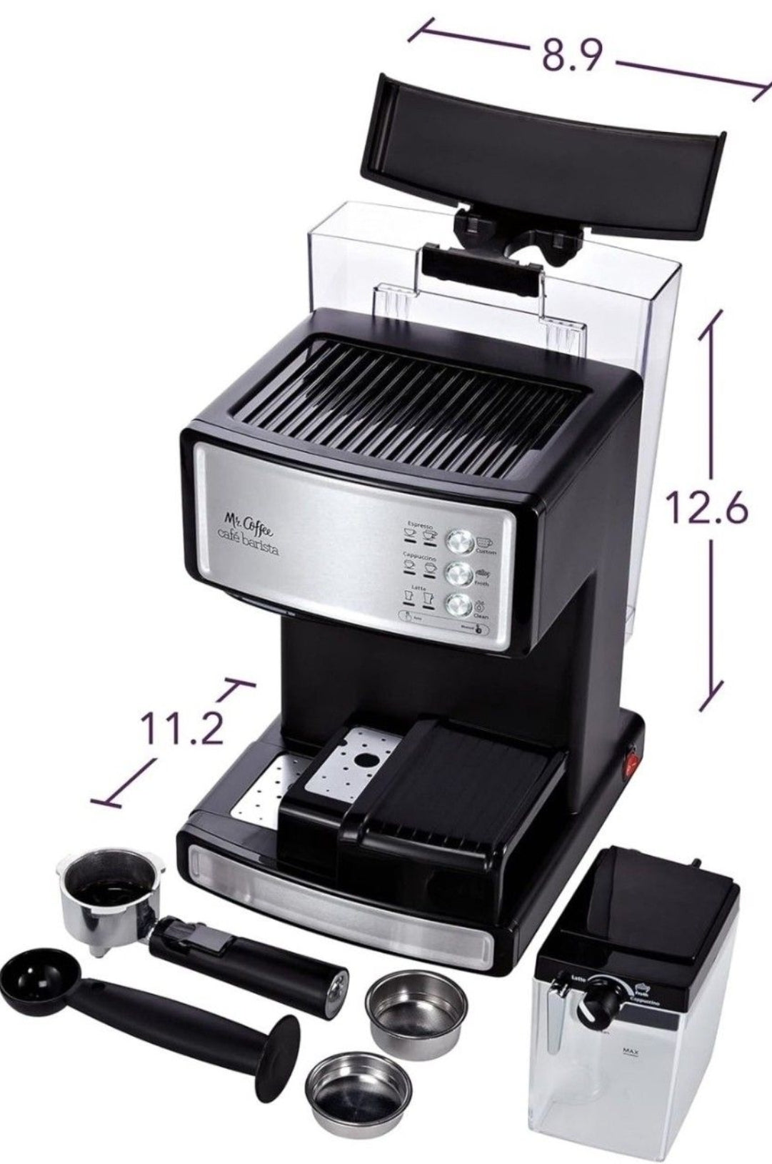 Mr. Coffeeエスプレッソ＆カプチーノマシン、ステンレス製、プログラム可能コーヒーメーカー、自動ミルク泡立て器付き、15気圧ポンプ、家庭用に最適、中古品